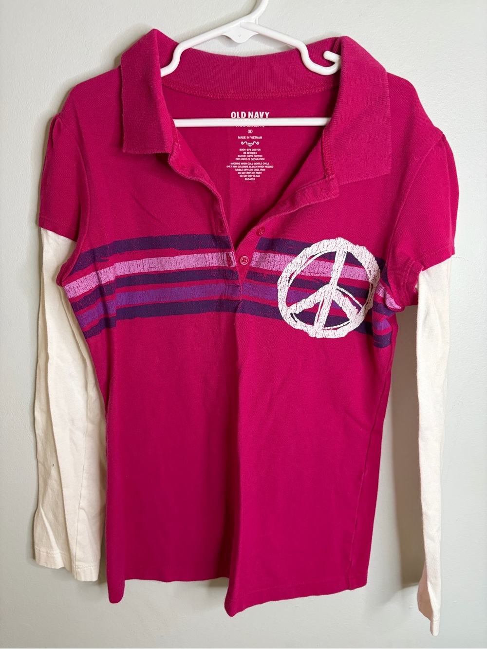 2000's Old Navy Girls' Fuchsia Layered-Look Polo Top with Peace Graphic